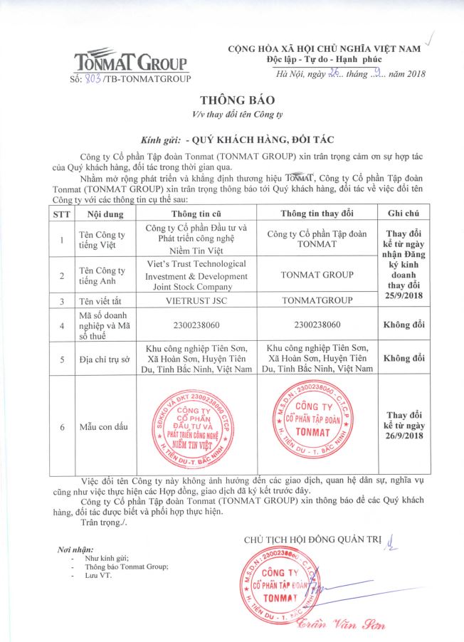 Thông báo Thay đổi tên Công ty